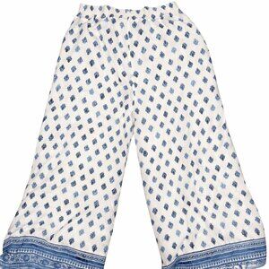 Vestique - Boho Blue & White Printed Wide Leg Pants | Lightweight Summer Lounge